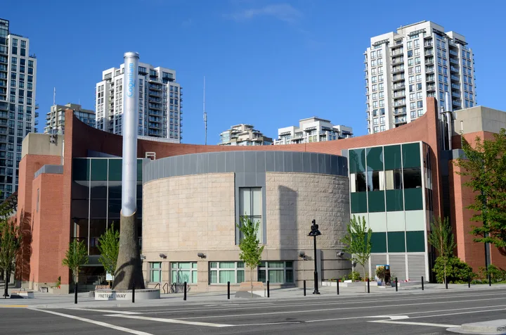 Coquitlam City Hall at 3000 Guildford Way, photographed in 2017. This shows the service building, not the permit or payment process.